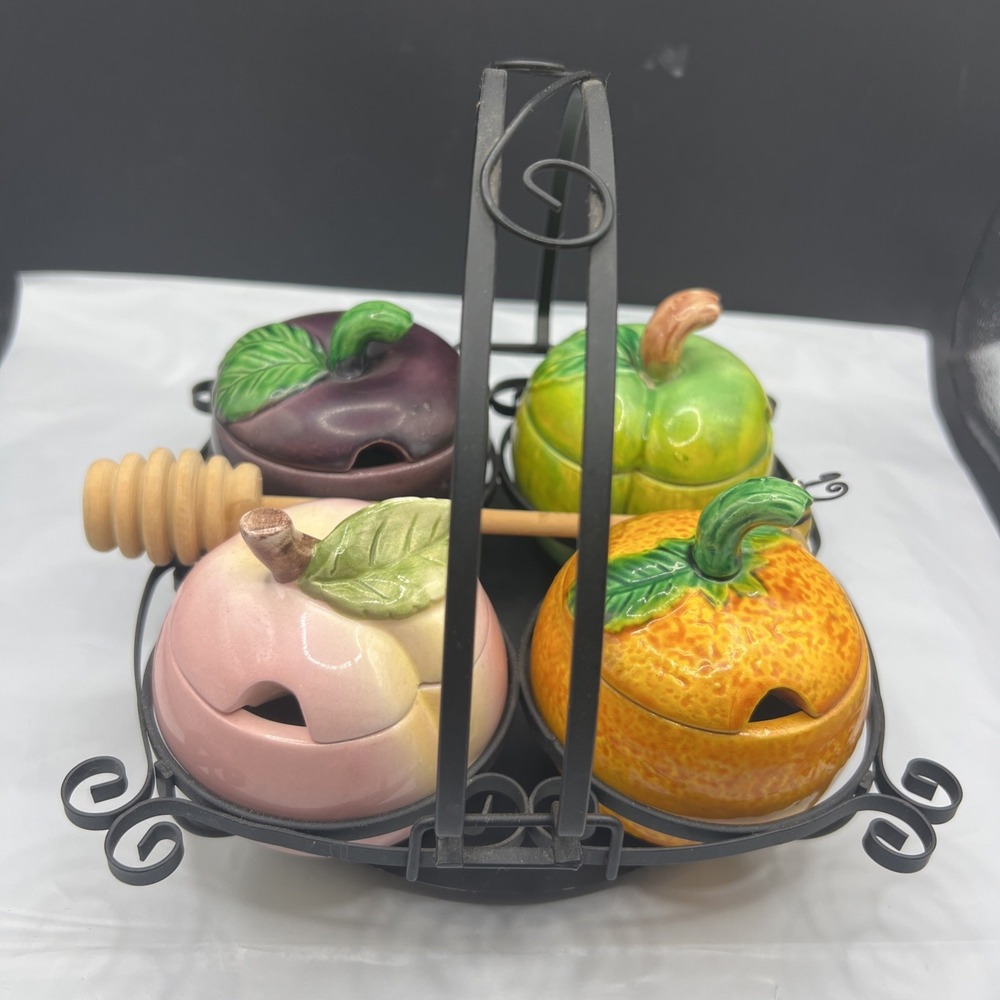 Vintage Russ Berrie Ceramic Fruit Condiment Jam Jar Set Caddy 9527 Cottagecore